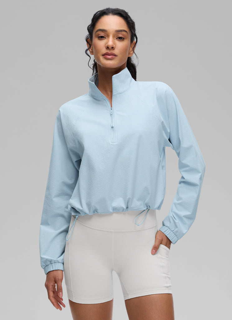 CRZ YOGA Women's Casual Half-Zip Waist Length Pocket Long Sleeves Blue Linen