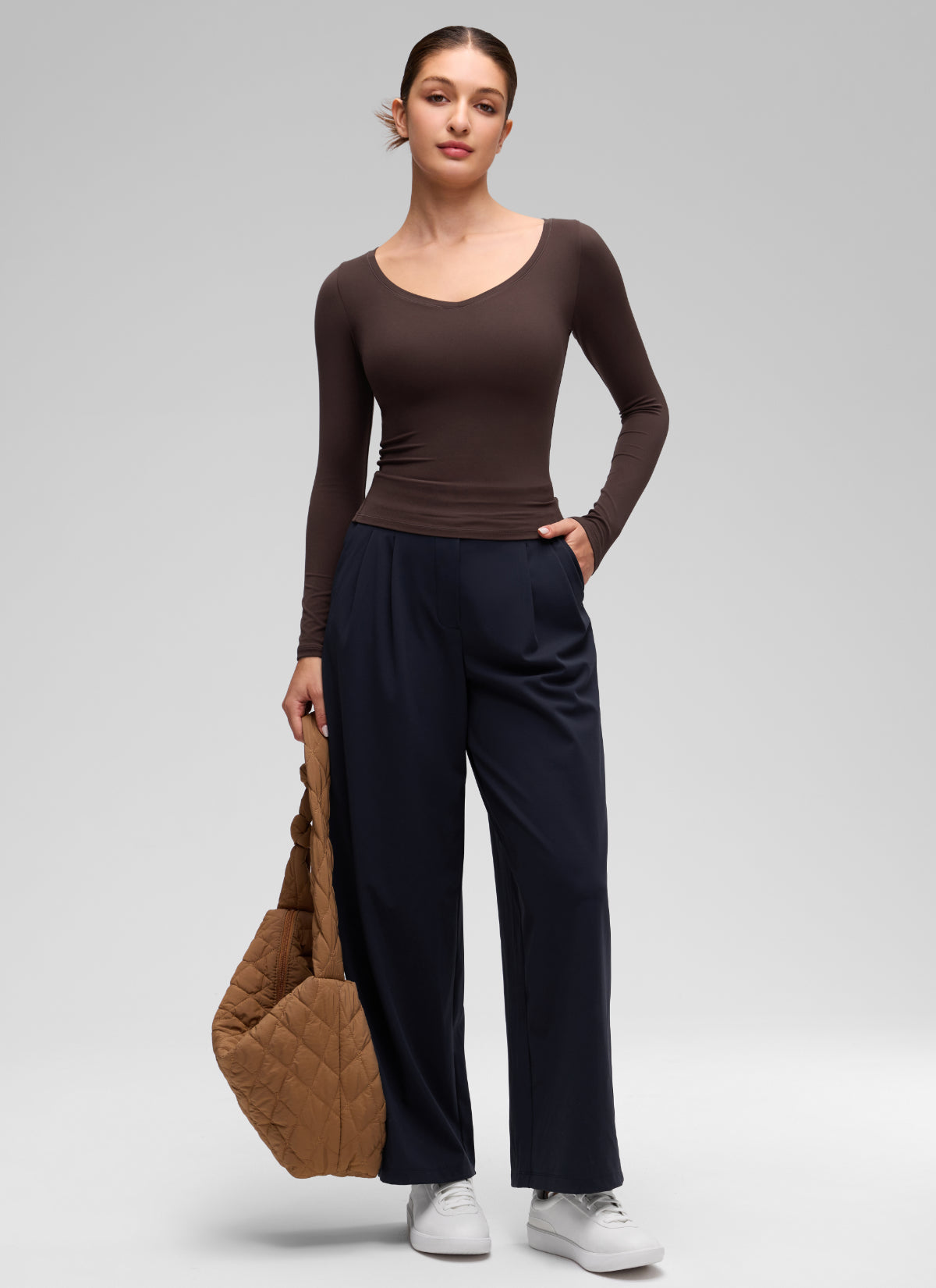 CRZ YOGA Women's Softembrace Casual V Neck Waist Length Long Sleeve Hot Fudge Brown @model_info:Inga