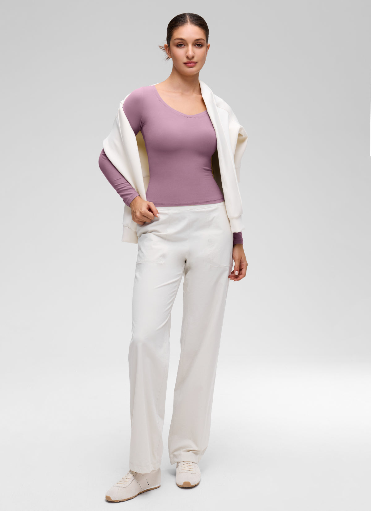 CRZ YOGA Women's Softembrace Casual V Neck Waist Length Long Sleeve Light Lavender @model_info:Inga