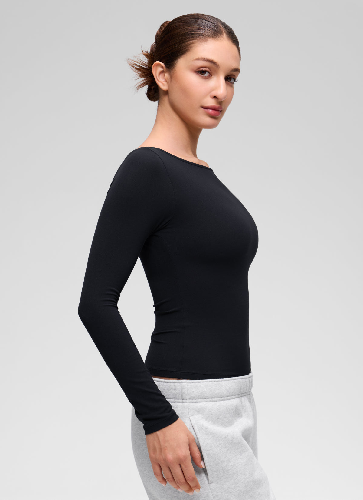 CRZ YOGA Women's Softembrace Casual Boat Neck Waist Length Long Sleeve Black @model_info:Inga