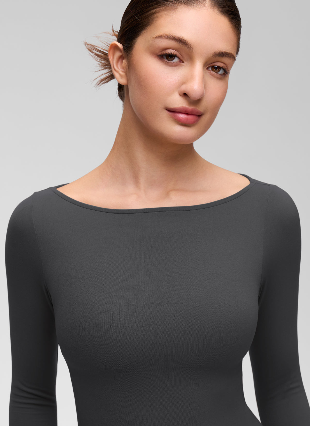 CRZ YOGA Women's Softembrace Casual Boat Neck Waist Length Long Sleeve Mysterious Grey