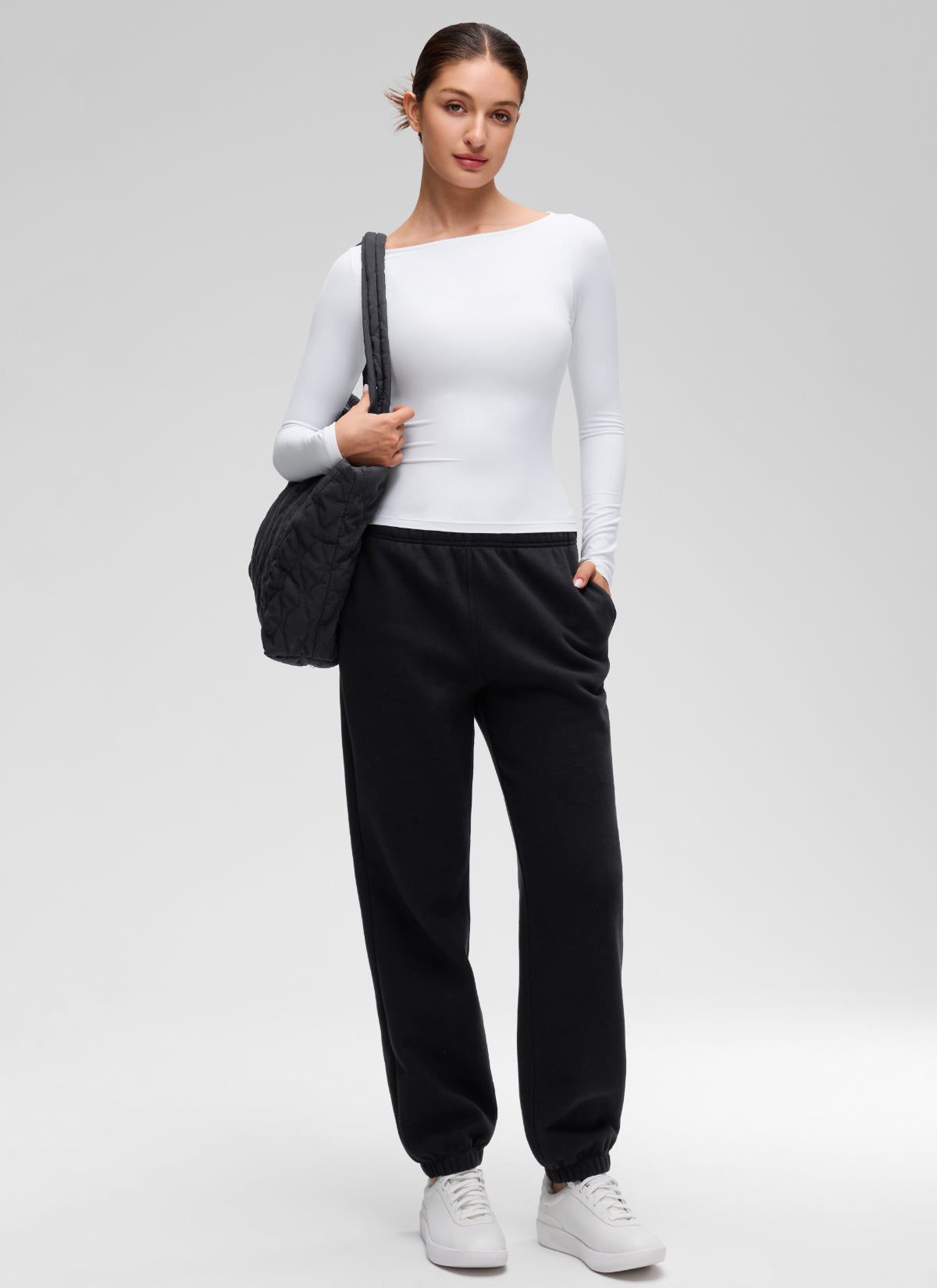 CRZ YOGA Women's Softembrace Casual Boat Neck Waist Length Long Sleeve White