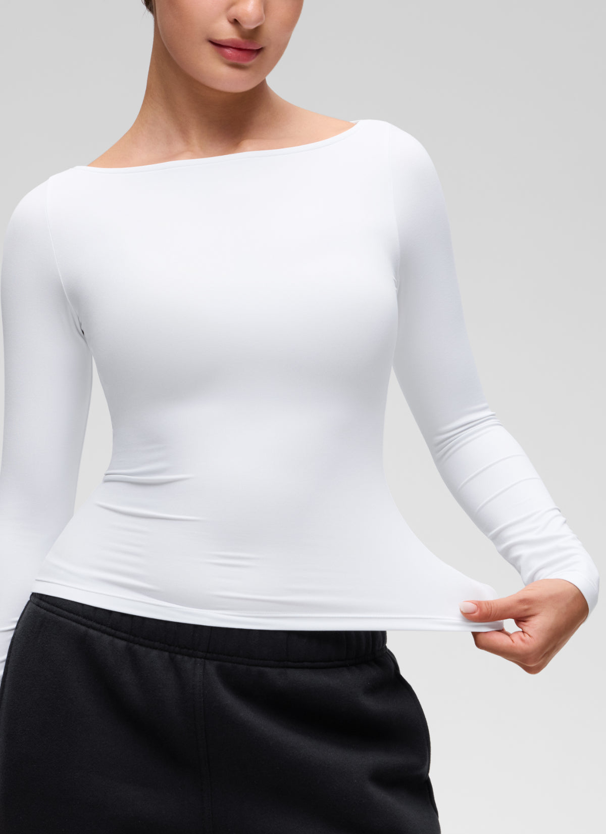 CRZ YOGA Women's Softembrace Casual Boat Neck Waist Length Long Sleeve White @model_info:Inga