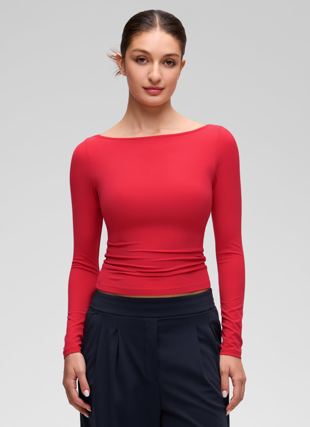 CRZ YOGA Women's Softembrace Casual Boat Neck Waist Length Long Sleeve Aurora Red