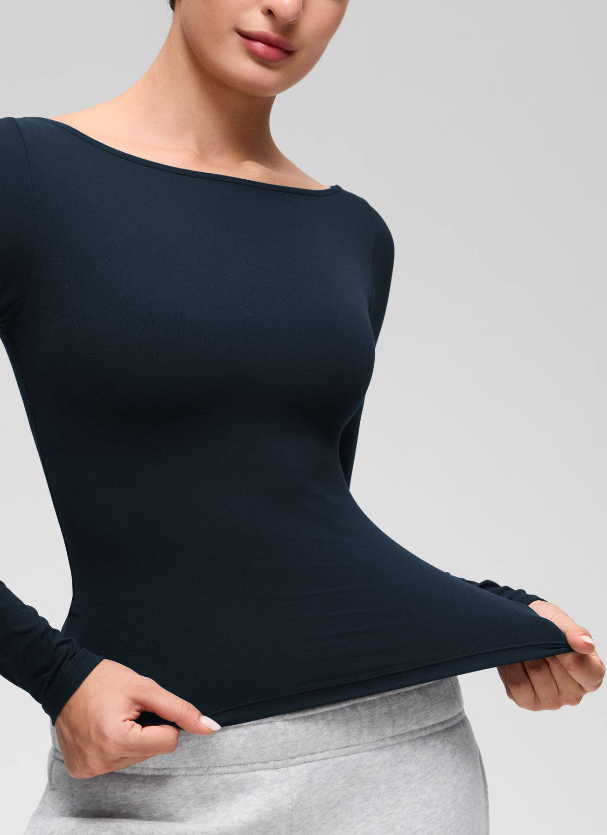 CRZ YOGA Women's Softembrace Casual Boat Neck Waist Length Long Sleeve True Navy @model_info:Inga
