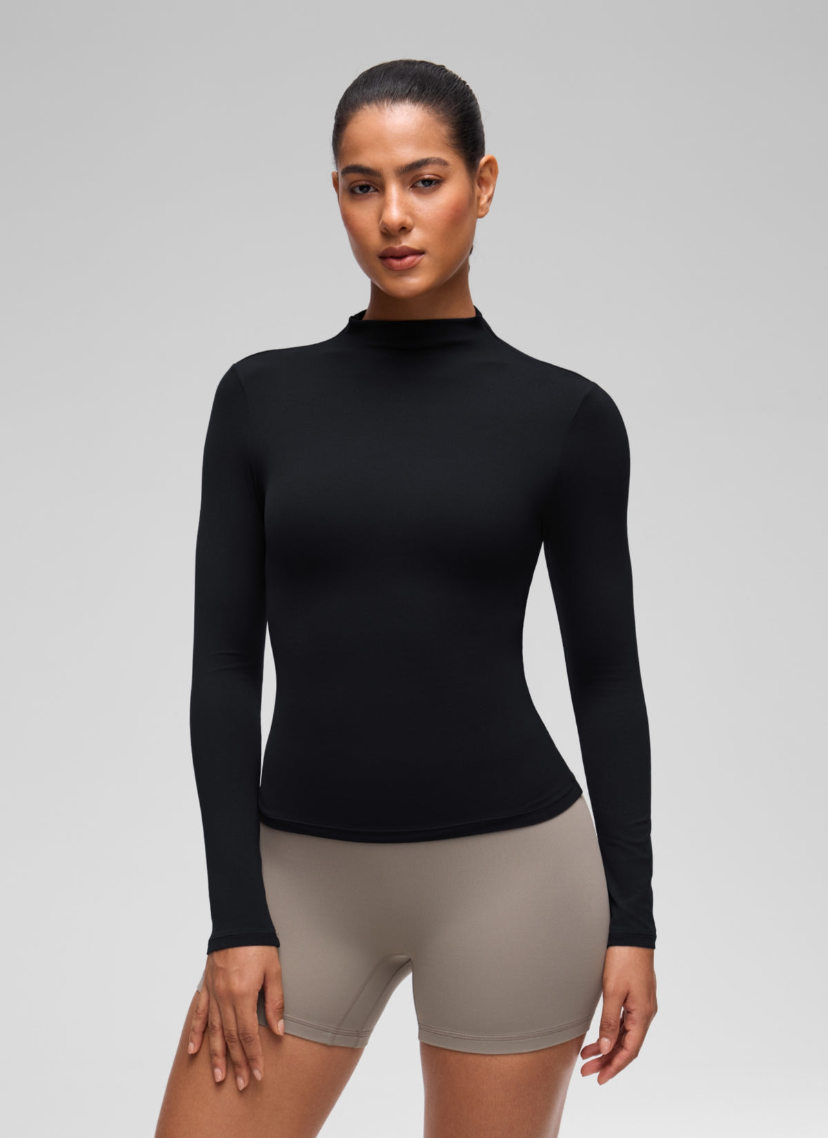 CRZ YOGA Women's Softembrace Mock Neck Waist Length Long Sleeves Black @model_info:C