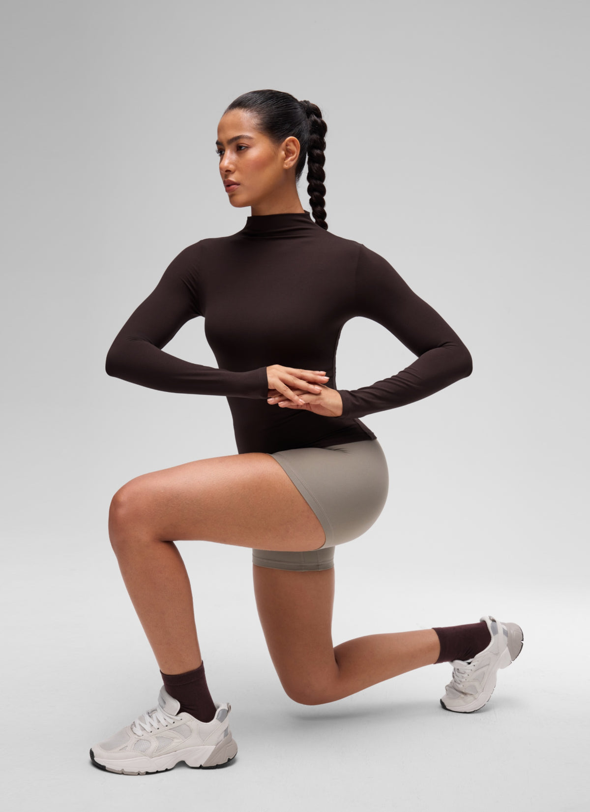 CRZ YOGA Women's Softembrace Mock Neck Waist Length Long Sleeves Hot Fudge Brown @model_info:C