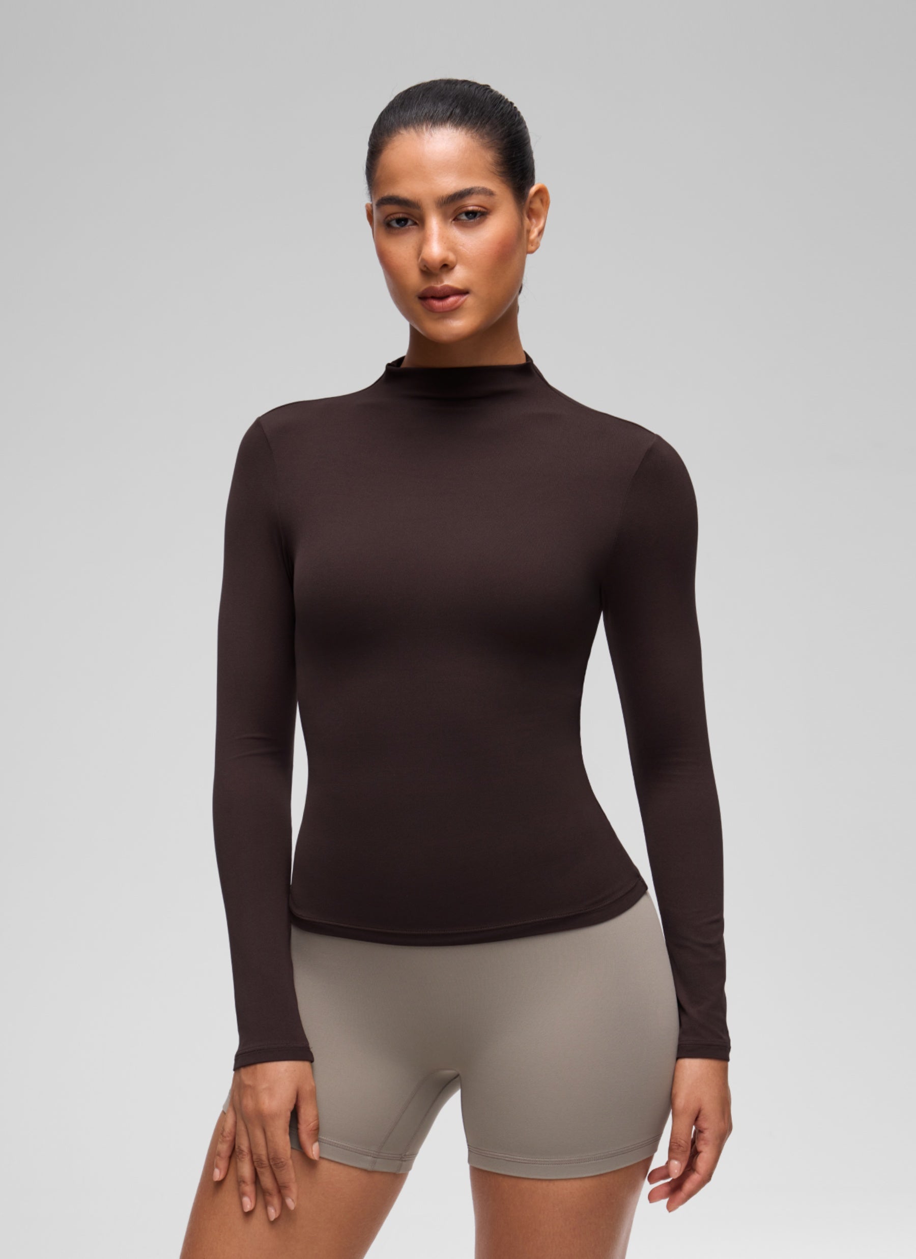 CRZ YOGA Women's Softembrace Mock Neck Waist Length Long Sleeves Hot Fudge Brown @model_info:C