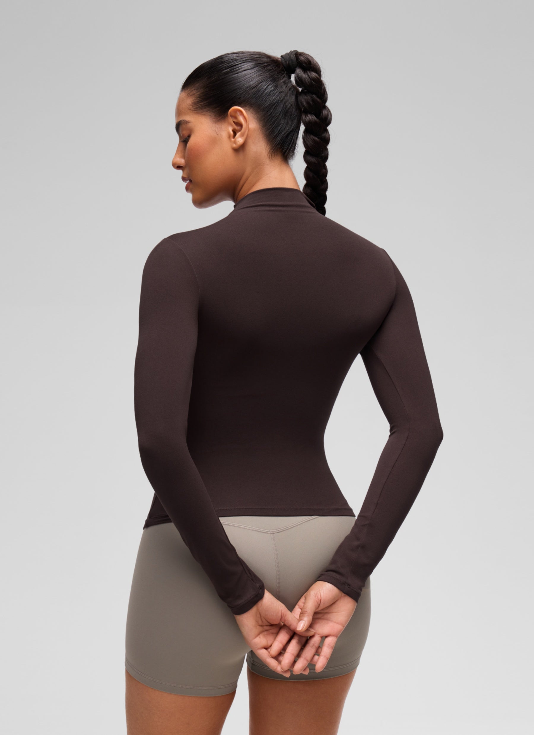 CRZ YOGA Women's Softembrace Mock Neck Waist Length Long Sleeves Hot Fudge Brown @model_info:C
