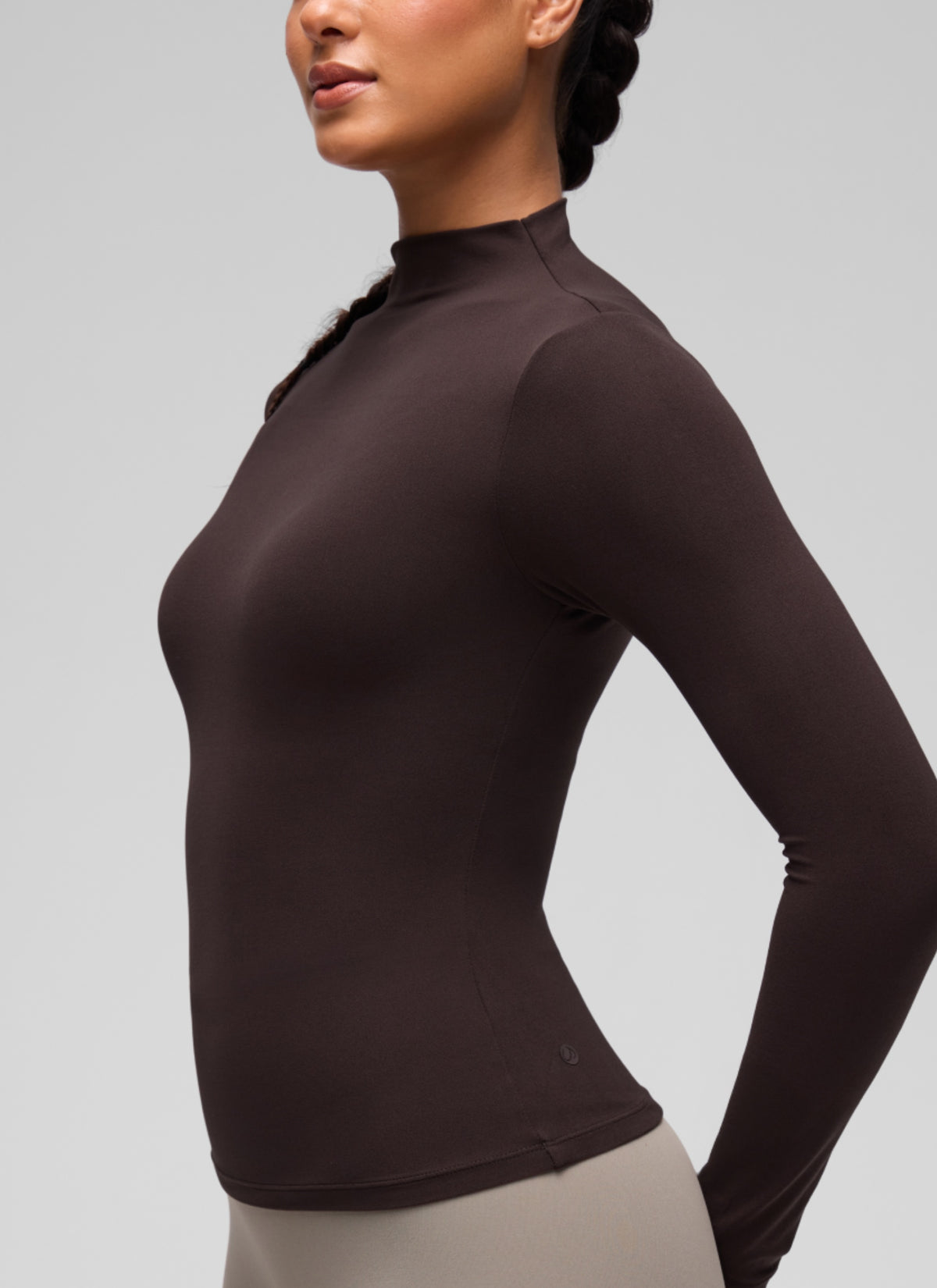 CRZ YOGA Women's Softembrace Mock Neck Waist Length Long Sleeves Hot Fudge Brown @model_info:C