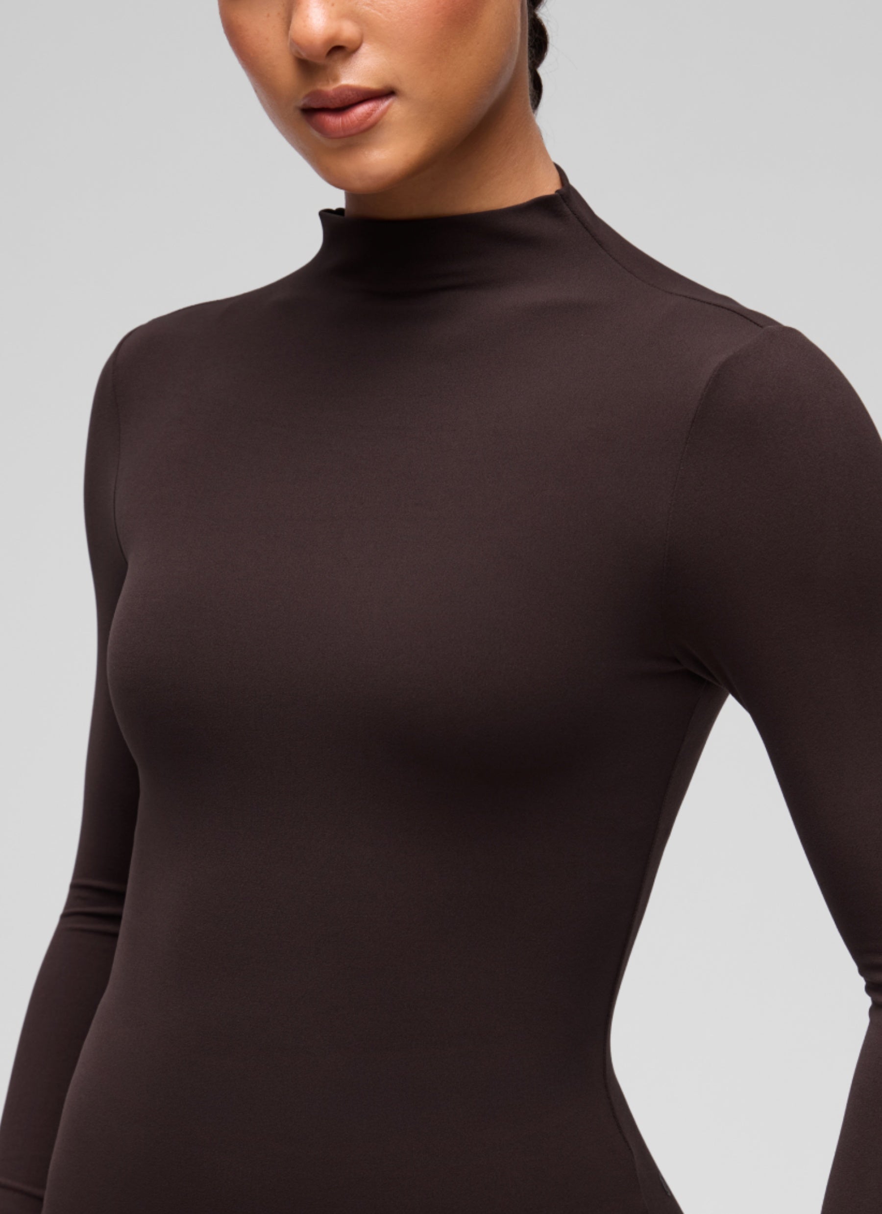 CRZ YOGA Women's Softembrace Mock Neck Waist Length Long Sleeves Hot Fudge Brown @model_info:C