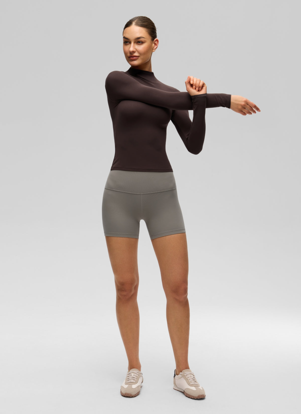 CRZ YOGA Women's Softembrace Mock Neck Waist Length Long Sleeves Hot Fudge Brown