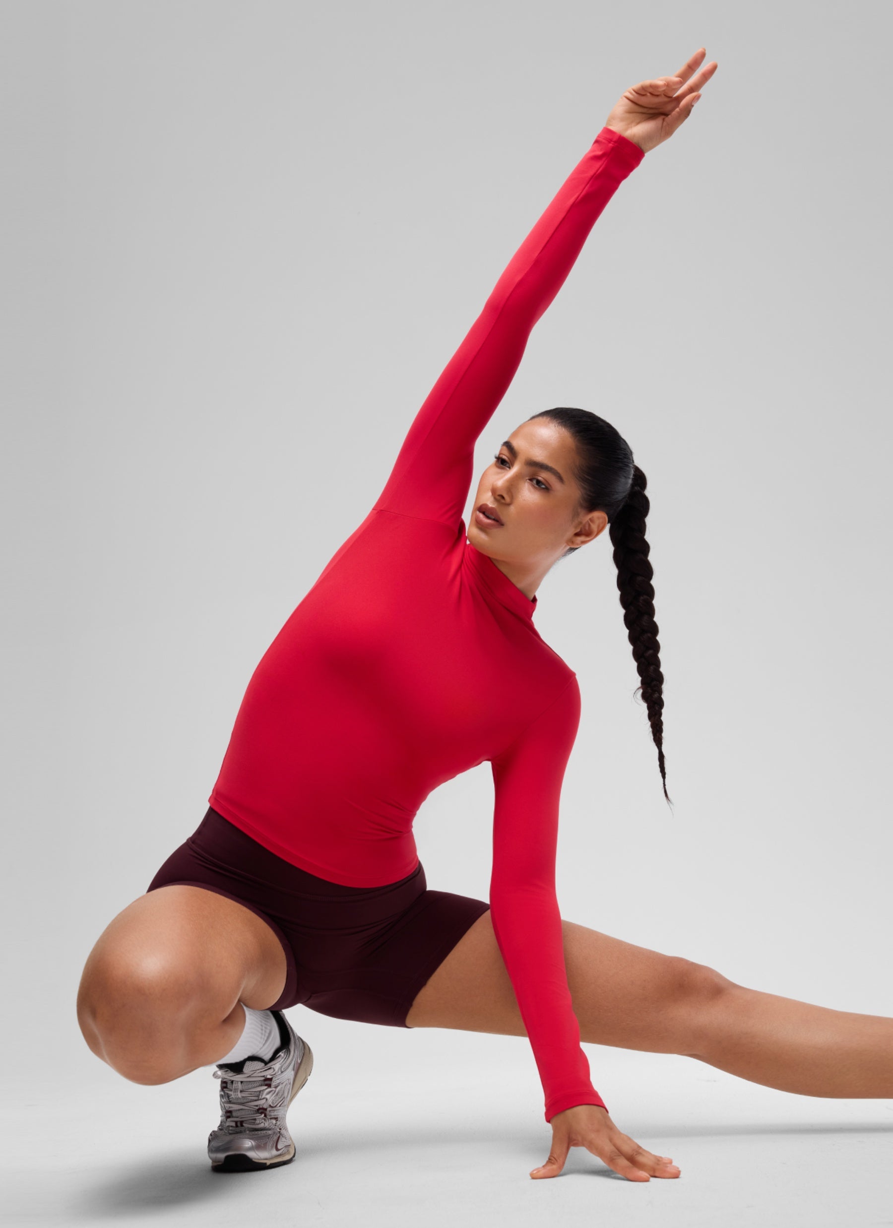 CRZ YOGA Women's Softembrace Mock Neck Waist Length Long Sleeves Aurora Red @model_info:C
