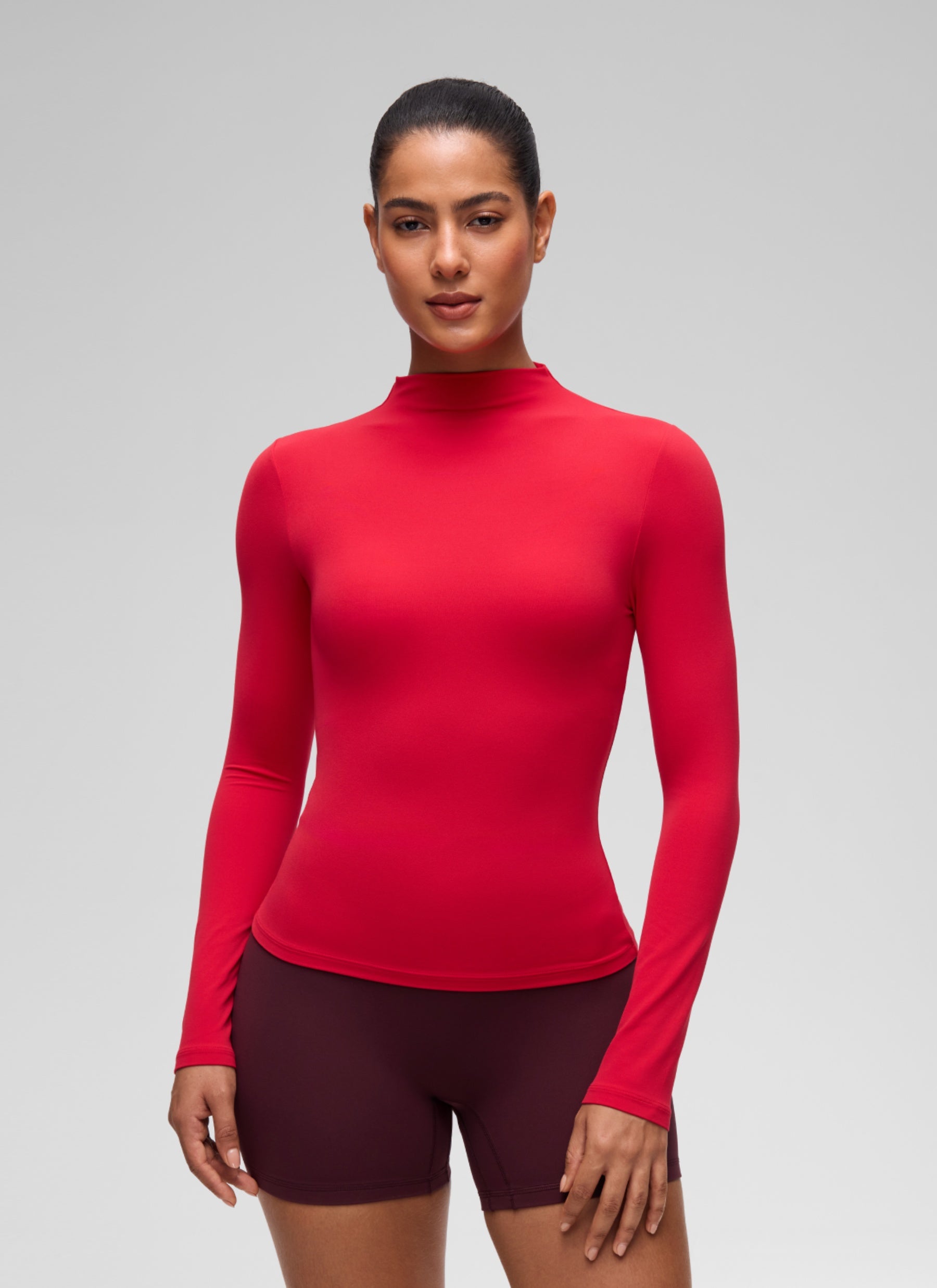 CRZ YOGA Women's Softembrace Mock Neck Waist Length Long Sleeves Aurora Red @model_info:C