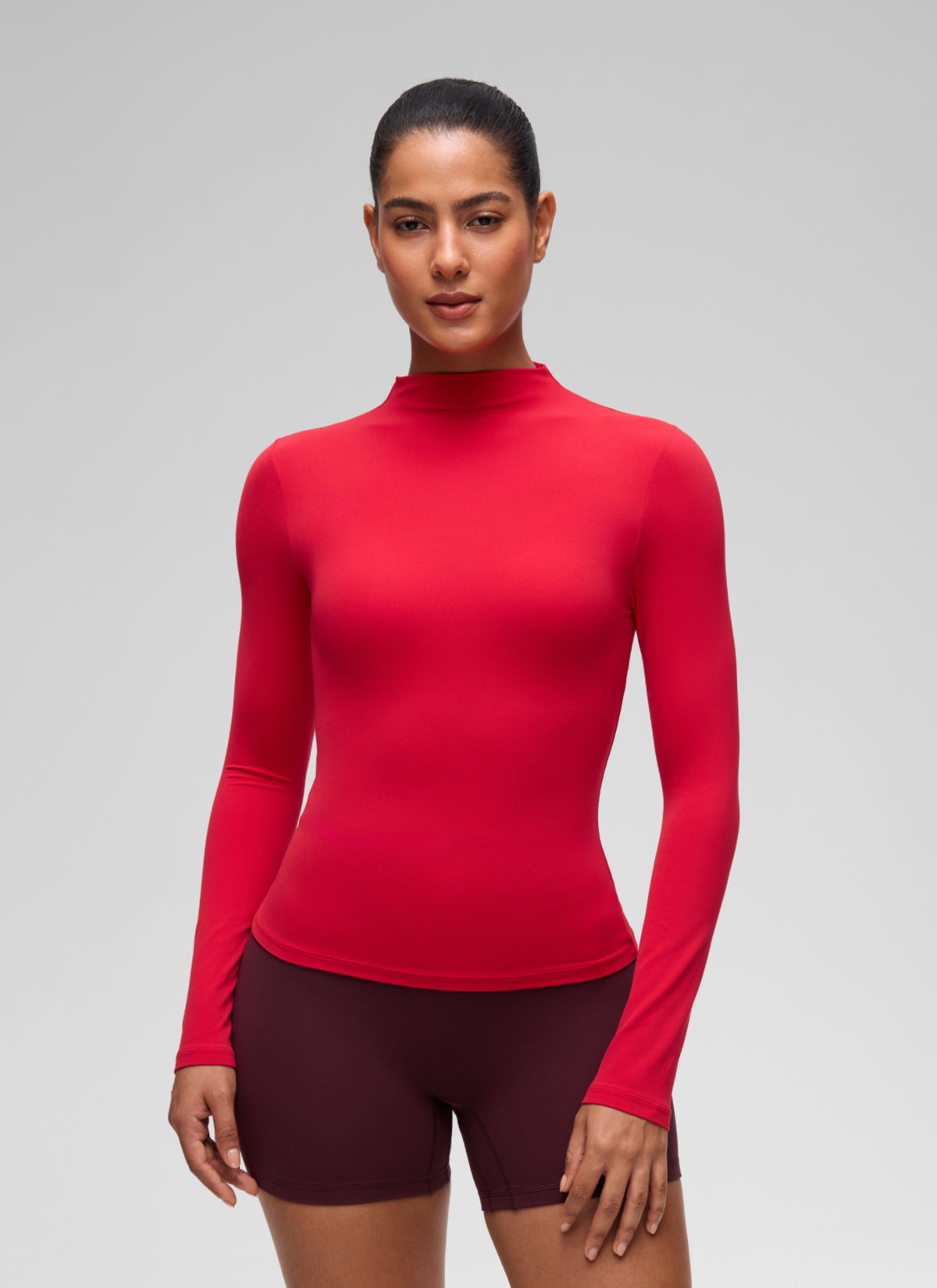 CRZ YOGA Women's Softembrace Mock Neck Waist Length Long Sleeves Aurora Red @model_info:C