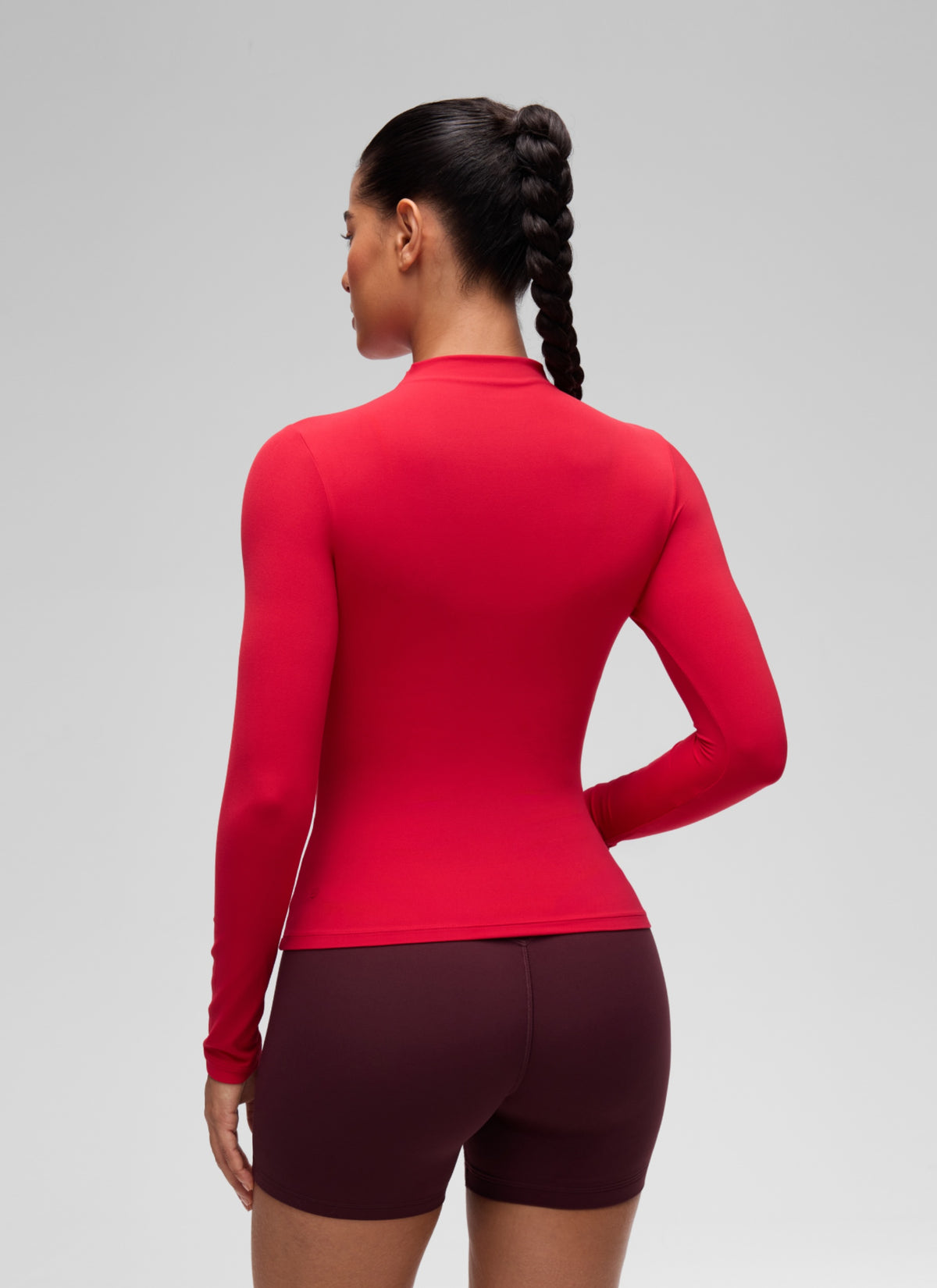 CRZ YOGA Women's Softembrace Mock Neck Waist Length Long Sleeves Aurora Red @model_info:C