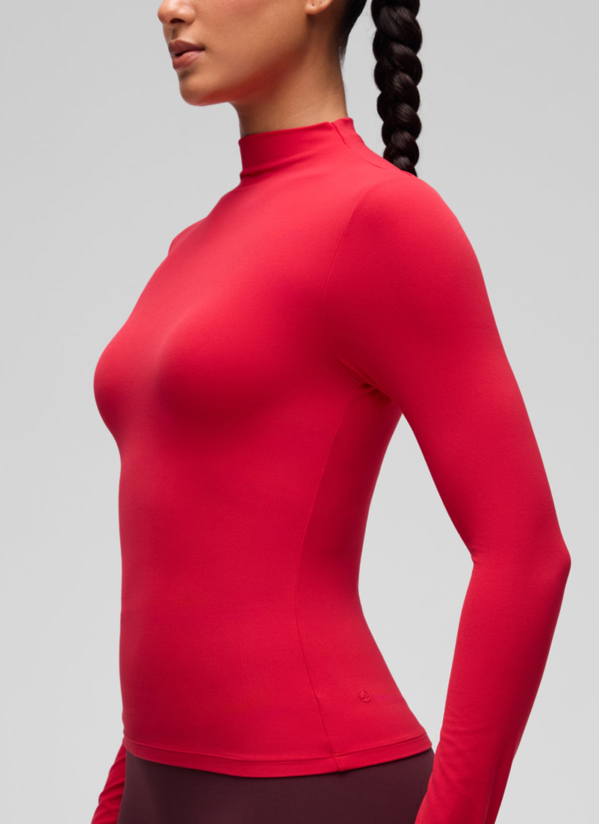 CRZ YOGA Women's Softembrace Mock Neck Waist Length Long Sleeves Aurora Red @model_info:C