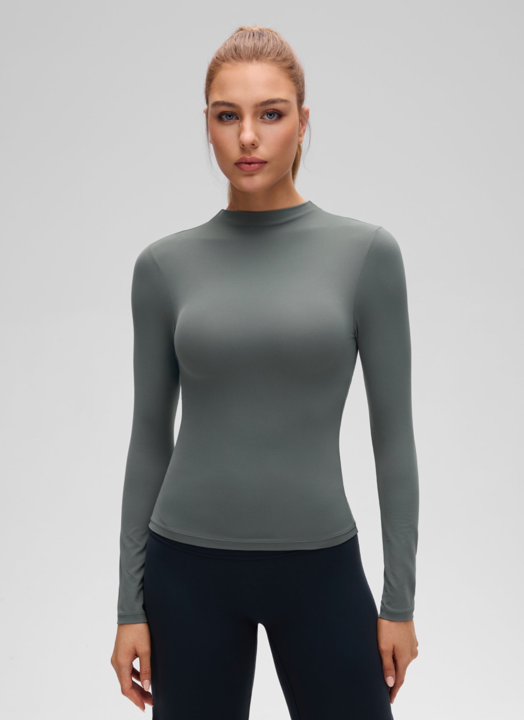CRZ YOGA Women's Softembrace Mock Neck Waist Length Long Sleeves Grey Sage