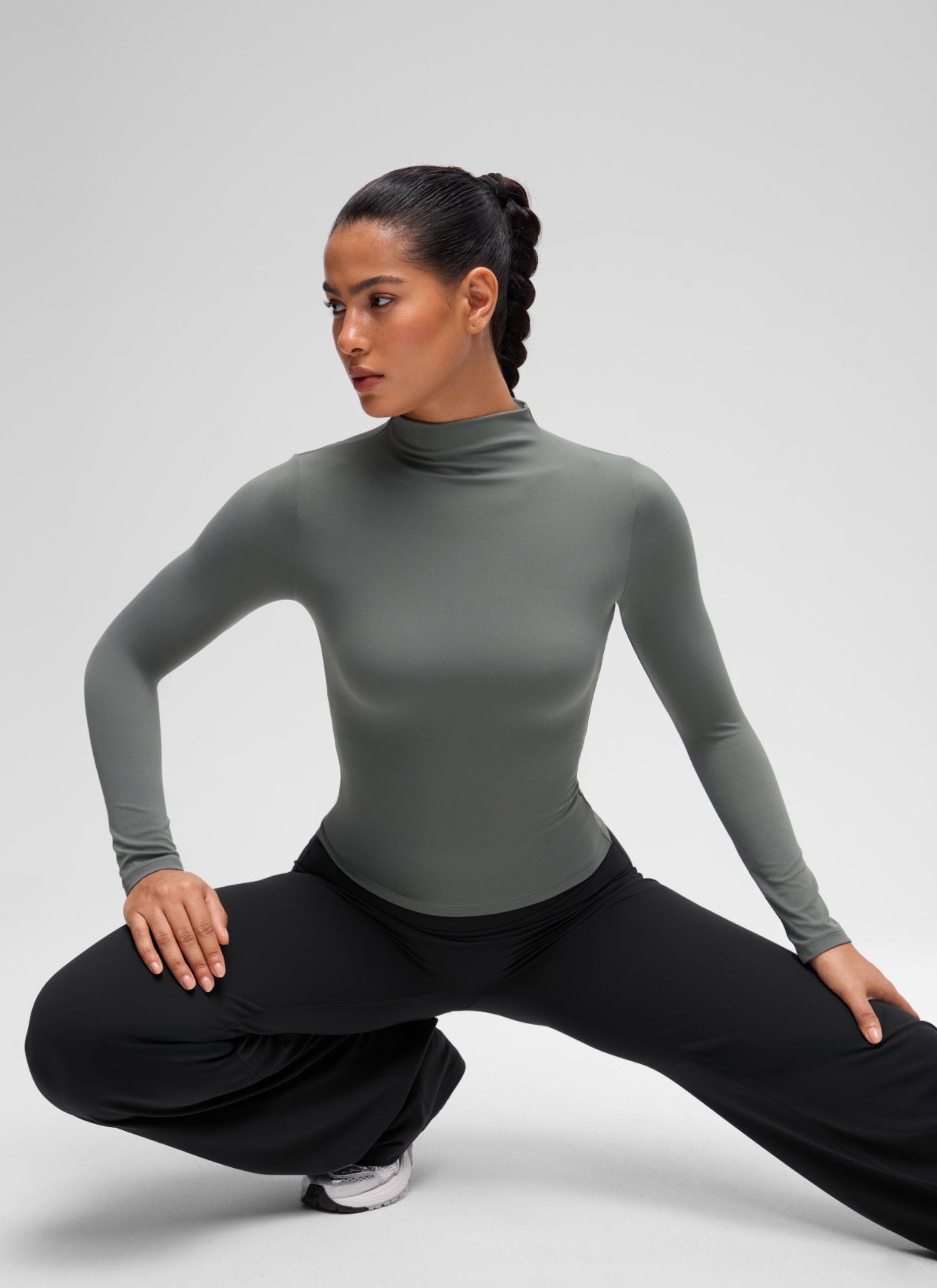 CRZ YOGA Women's Softembrace Mock Neck Waist Length Long Sleeves Grey Sage @model_info:C