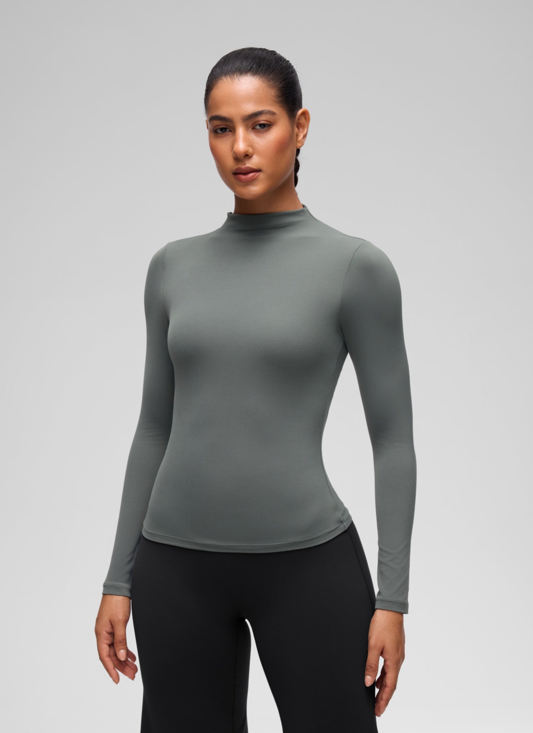 CRZ YOGA Women's Softembrace Mock Neck Waist Length Long Sleeves Grey Sage @model_info:C