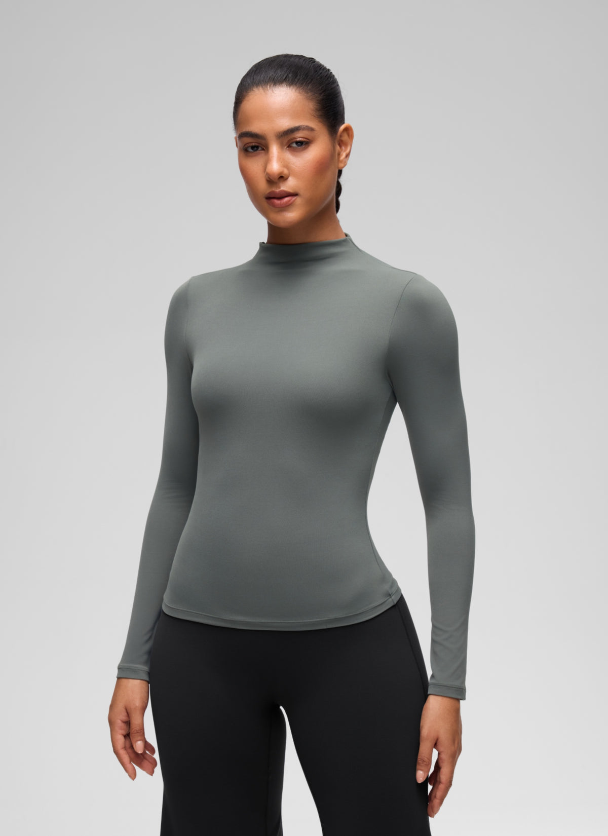 CRZ YOGA Women's Softembrace Mock Neck Waist Length Long Sleeves Grey Sage @model_info:C