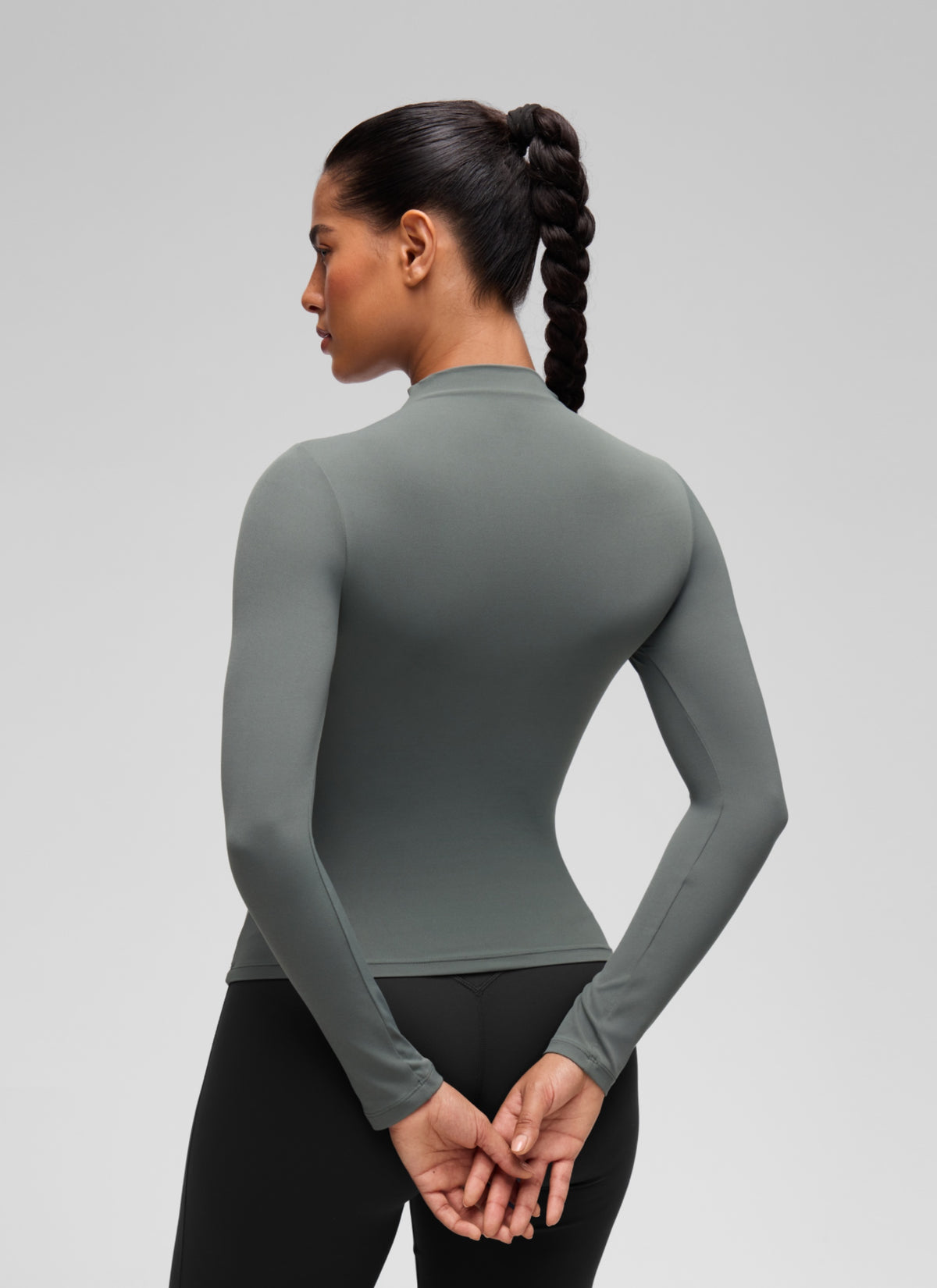 CRZ YOGA Women's Softembrace Mock Neck Waist Length Long Sleeves Grey Sage @model_info:C