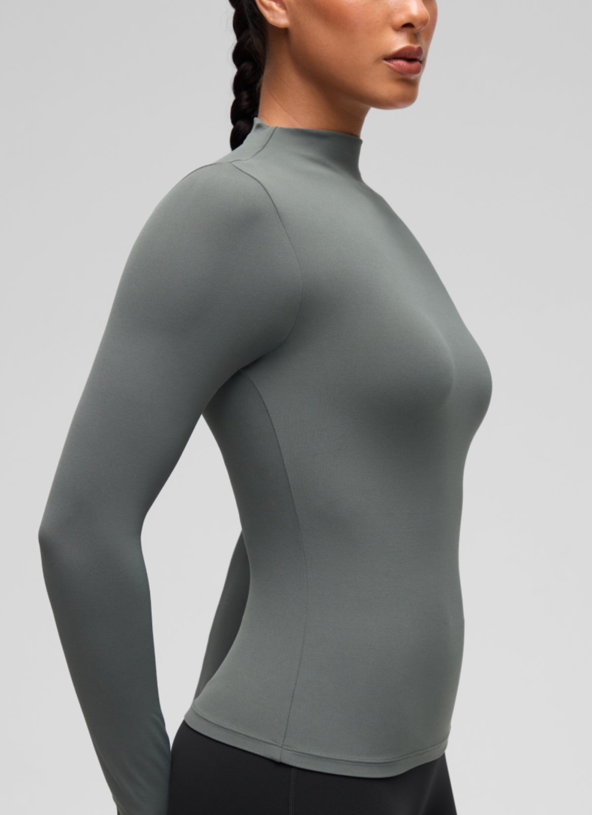 CRZ YOGA Women's Softembrace Mock Neck Waist Length Long Sleeves Grey Sage @model_info:C