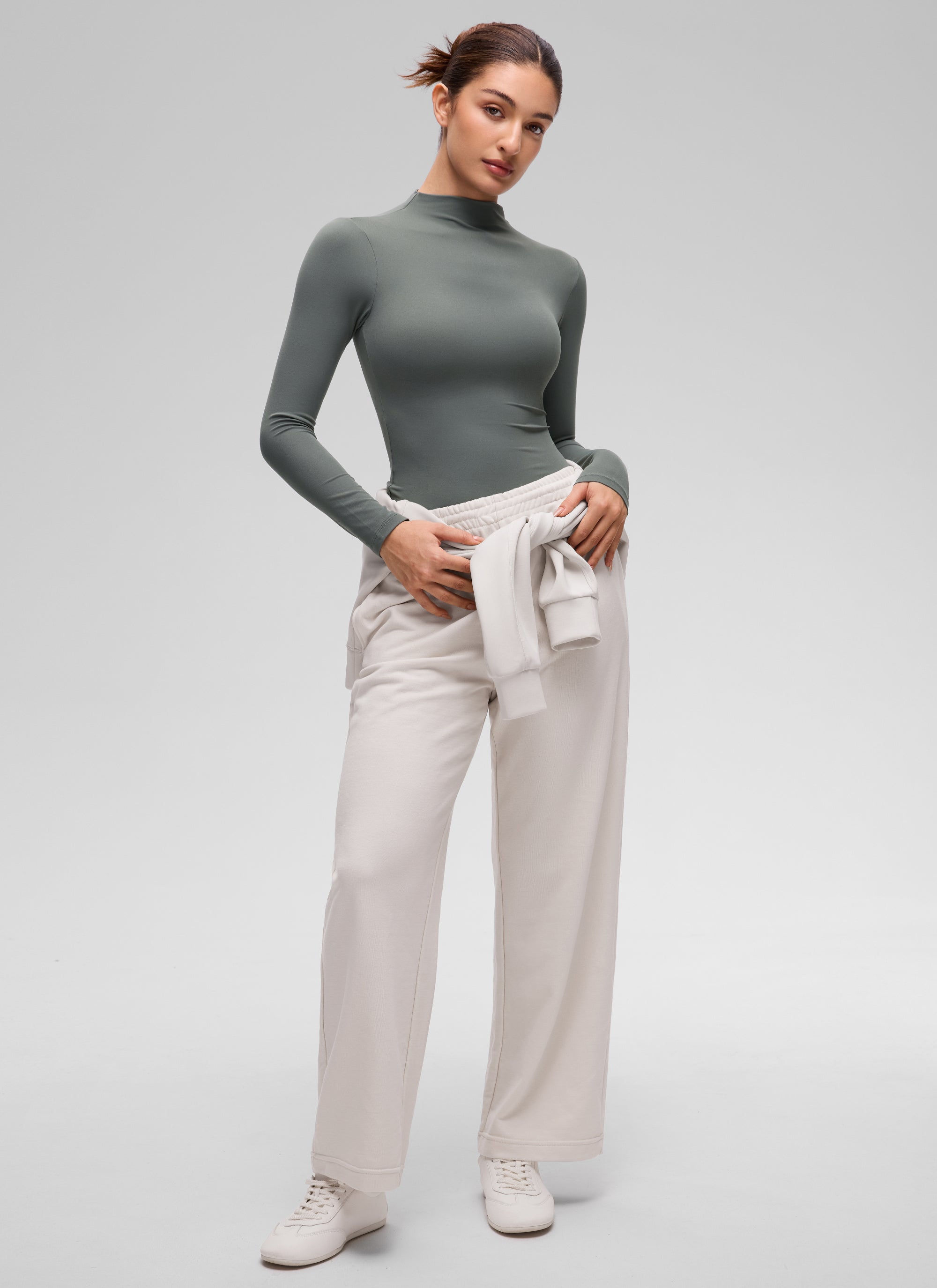 CRZ YOGA Women's Softembrace Mock Neck Waist Length Long Sleeves Grey Sage