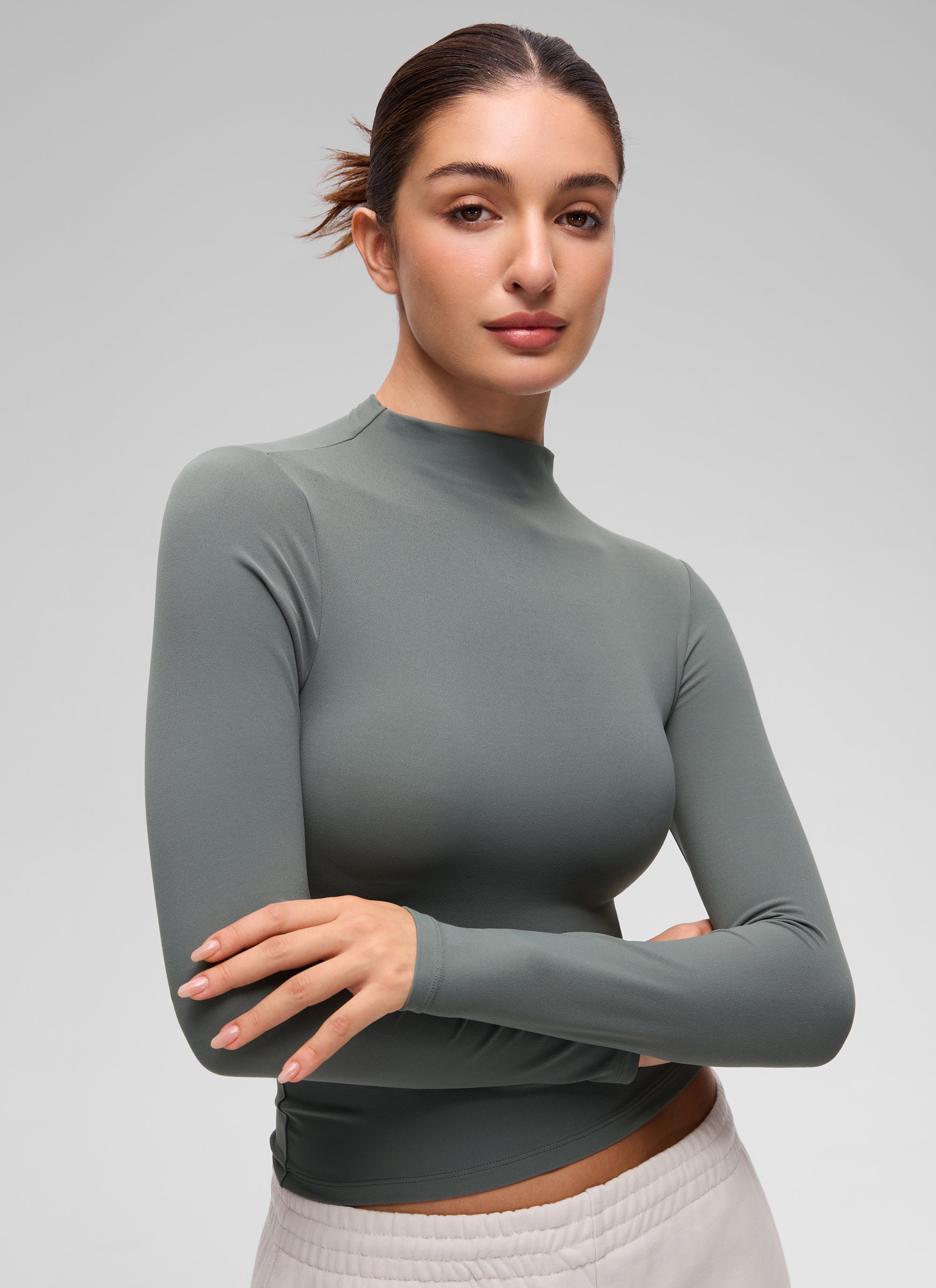 CRZ YOGA Women's Softembrace Mock Neck Waist Length Long Sleeves Grey Sage