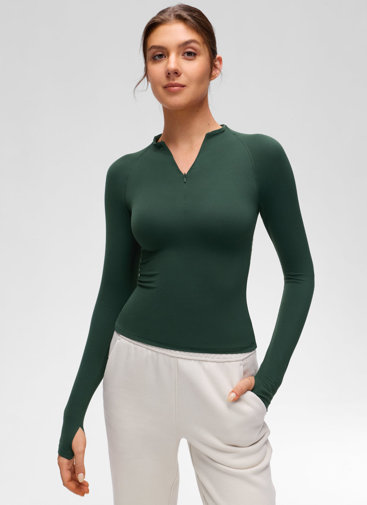 CRZ YOGA Women's Softembrace Casual Half-Zip Waist Length Long Sleeve Legend Green