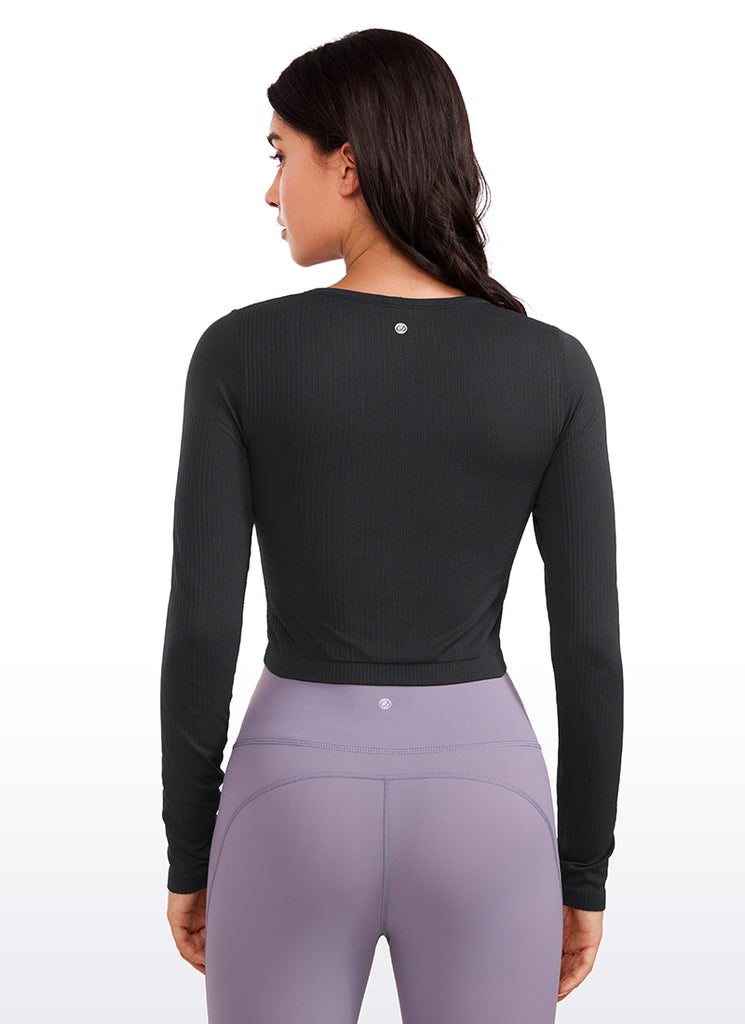 CRZ YOGA Women's Ribbed Seamless Workout Cropped Long Sleeves Crewneck Taupe