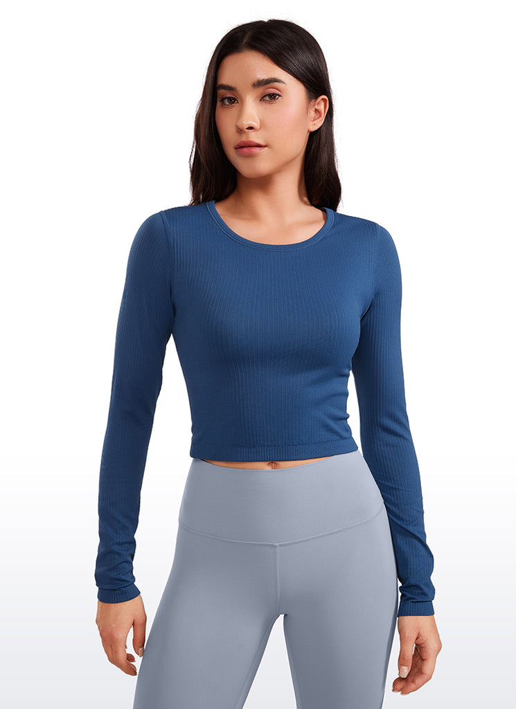CRZ YOGA Women's Ribbed Seamless Workout Cropped Long Sleeves Crewneck Velvet Dust
