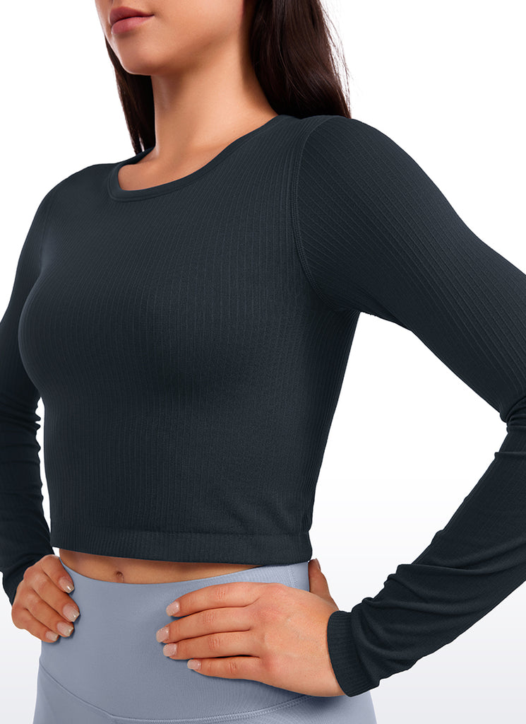 CRZ YOGA Women's Ribbed Seamless Workout Cropped Long Sleeves Crewneck Darkish Green