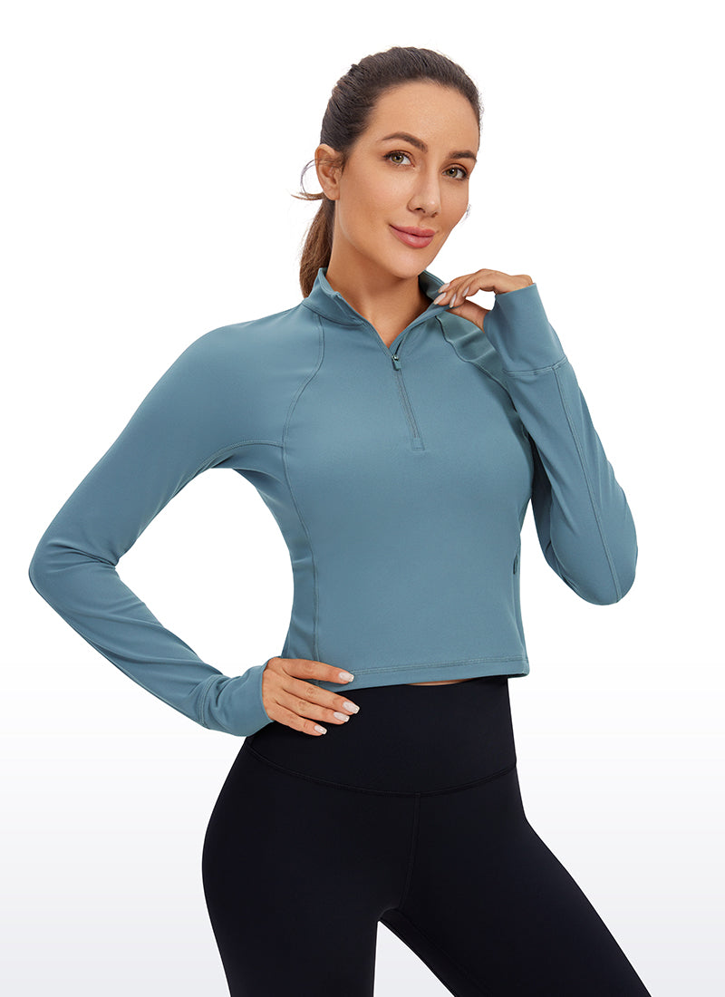 CRZ YOGA Women's Yoga Slim Fit Tops Butterluxe Half-Zip Long Sleeve Blue Ashes @model_info:D