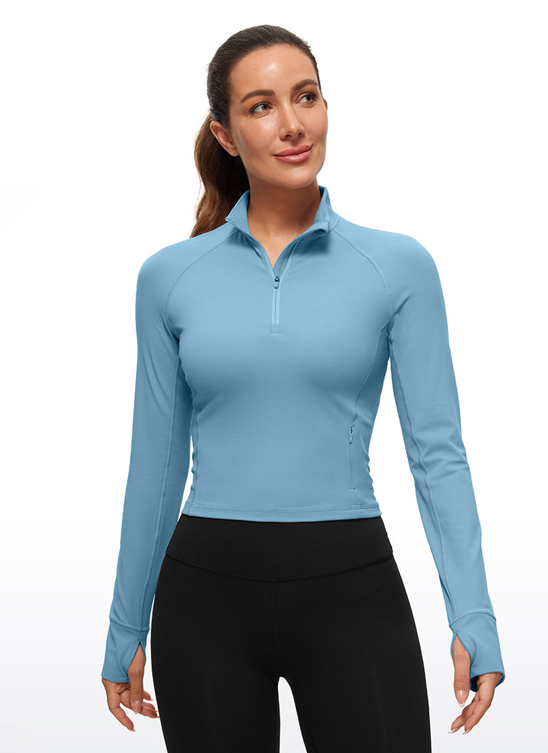 CRZ YOGA Women's Yoga Slim Fit Tops Butterluxe Half-Zip Long Sleeve Pure Blue @model_info:DEN