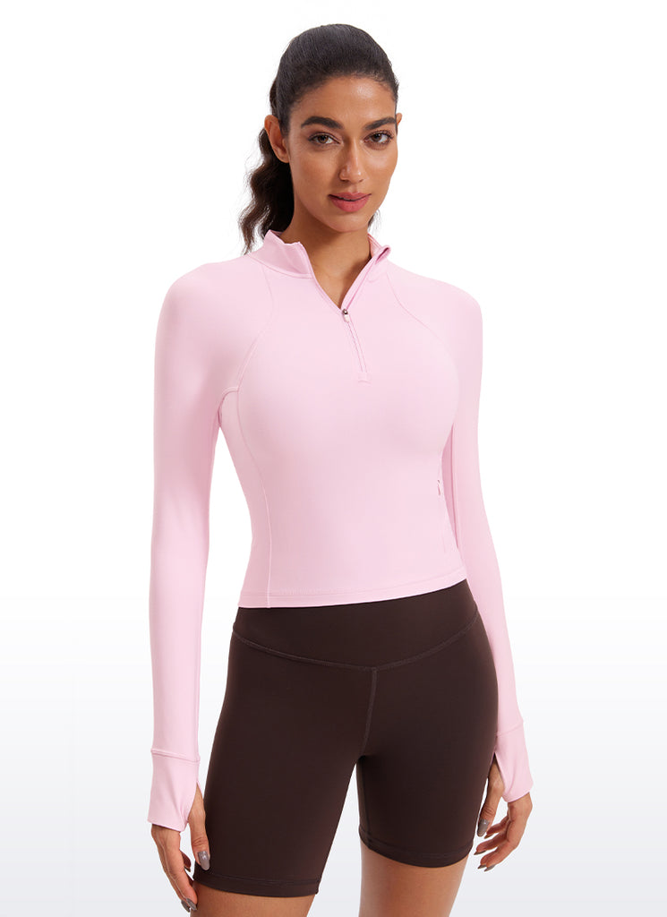 CRZ YOGA Women's Yoga Slim Fit Tops Butterluxe Half-Zip Long Sleeve Pink Peony