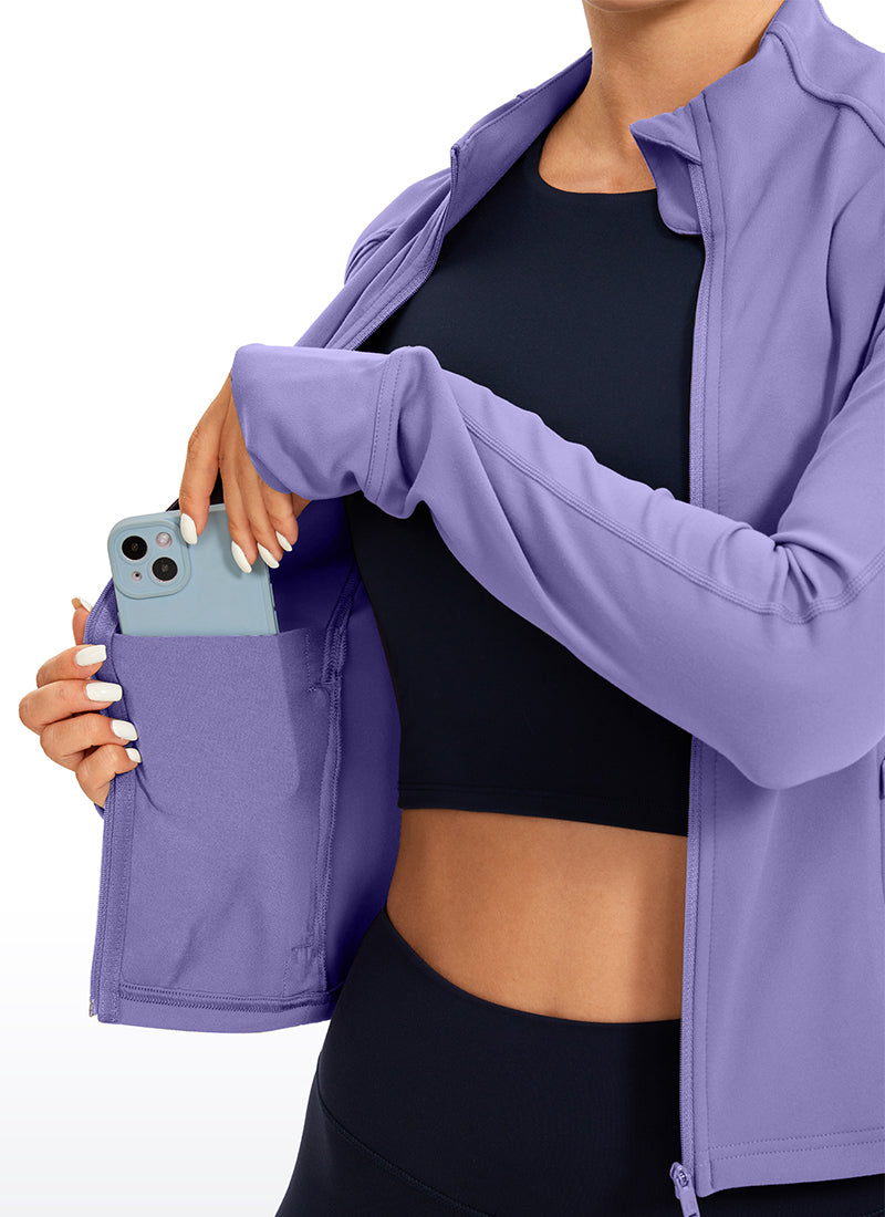 CRZ YOGA Women's Butterluxe Cropped Pocket Outerwear Full Zip Jackets Dark Lavender Purple @model_info:Alice