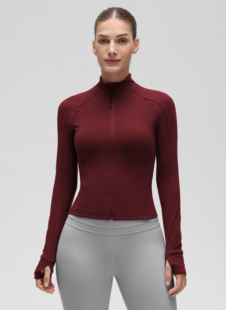 CRZ YOGA Women's Butterluxe Cropped Pocket Outerwear Full Zip Jackets Deep Red