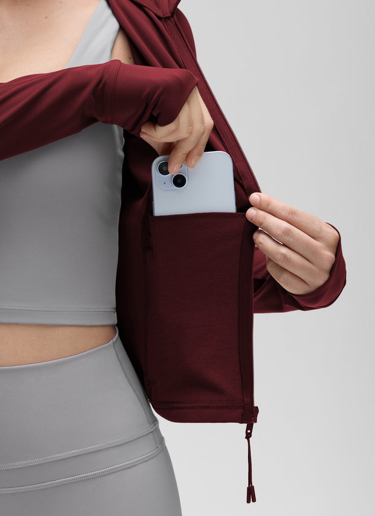 CRZ YOGA Women's Butterluxe Cropped Pocket Outerwear Full Zip Jackets Deep Red