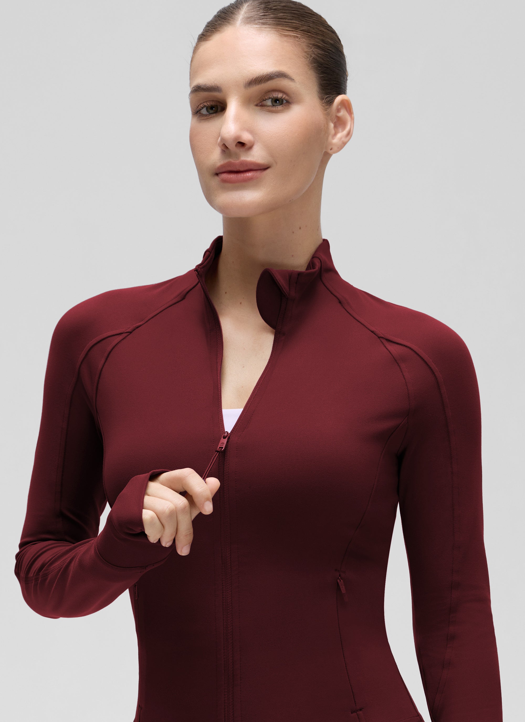 CRZ YOGA Women's Butterluxe Cropped Pocket Outerwear Full Zip Jackets Red Merlot
