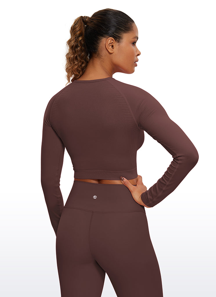 CRZ YOGA Women's Slim Fit Running Yoga Seamless Crop Long Sleeves Grey Sage