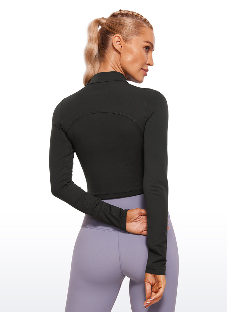 CRZ YOGA Women's Slim Fit Butterluxe Yoga Crop Long Sleeves Mock Turtleneck White Apricot
