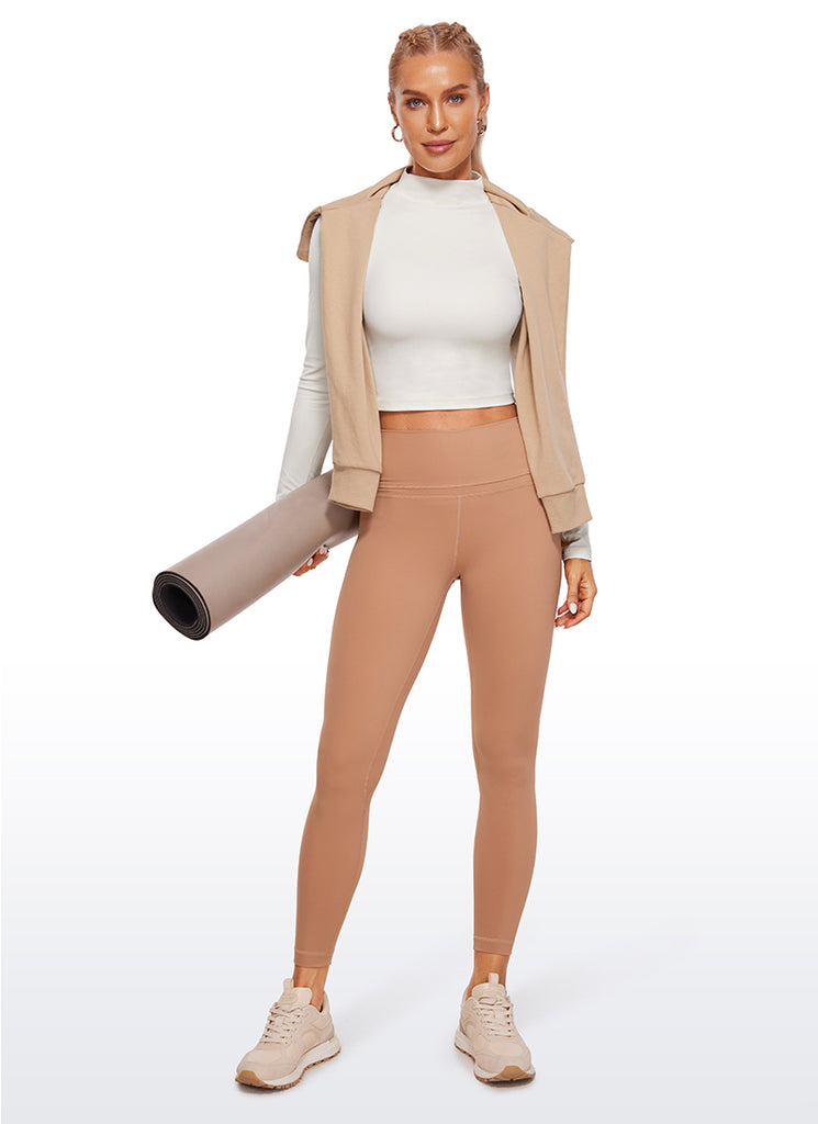 CRZ YOGA Women's Slim Fit Butterluxe Yoga Crop Long Sleeves Mock Turtleneck White Apricot