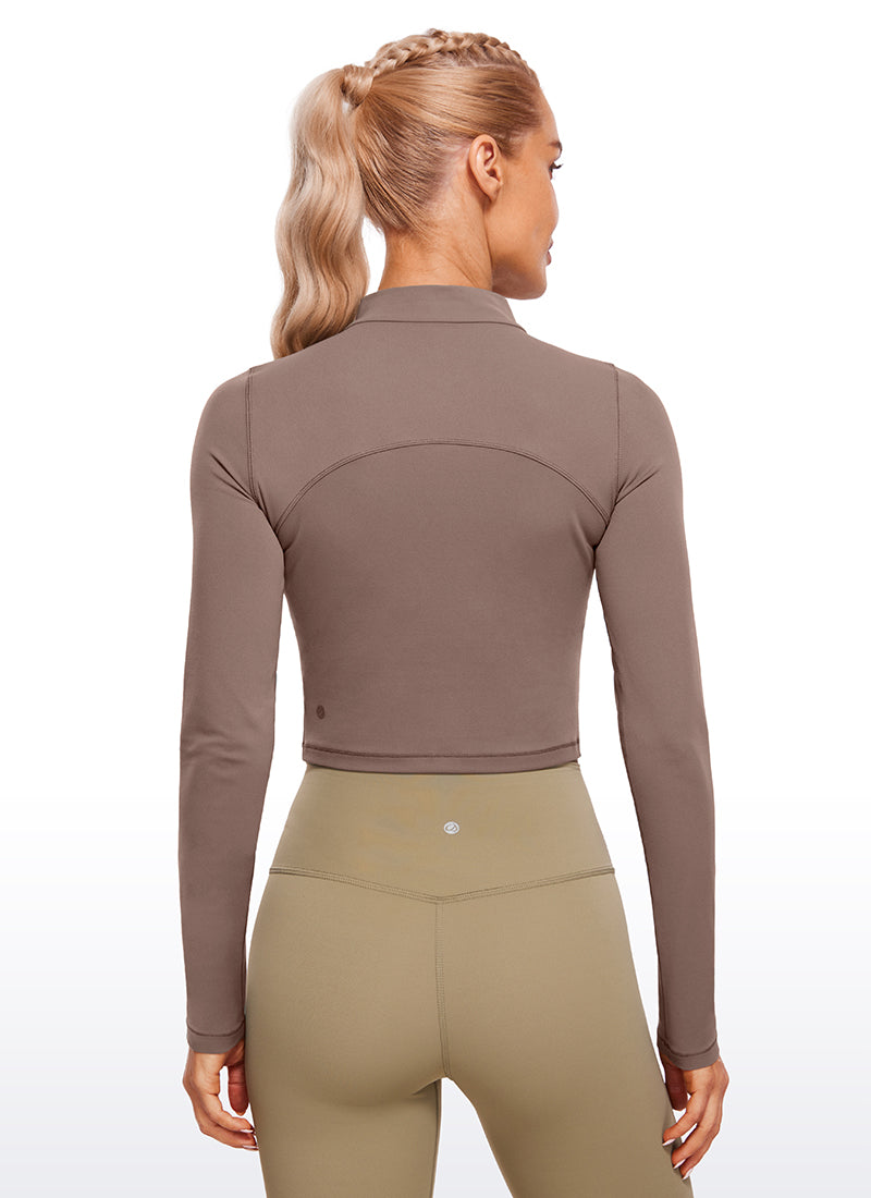 CRZ YOGA Women's Slim Fit Butterluxe Yoga Crop Long Sleeves Mock Turtleneck Brown Purple @model_info:NAT