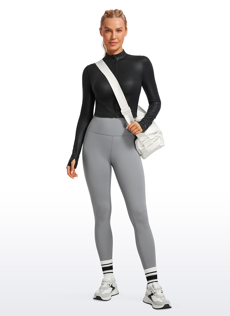 CRZ YOGA Women's Butterluxe Cropped Outerwear Full Zip Jackets Black Classic Leather @model_info:Natali