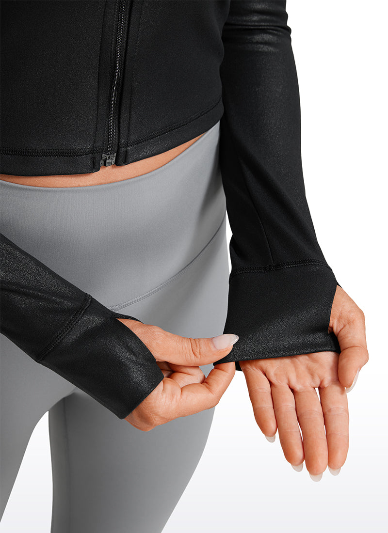CRZ YOGA Women's Butterluxe Cropped Outerwear Full Zip Jackets Black Classic Leather @model_info:Natali