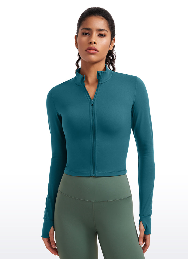 CRZ YOGA Women's Butterluxe Cropped Outerwear Full Zip Jackets Borealis Green @model_info:Cyn