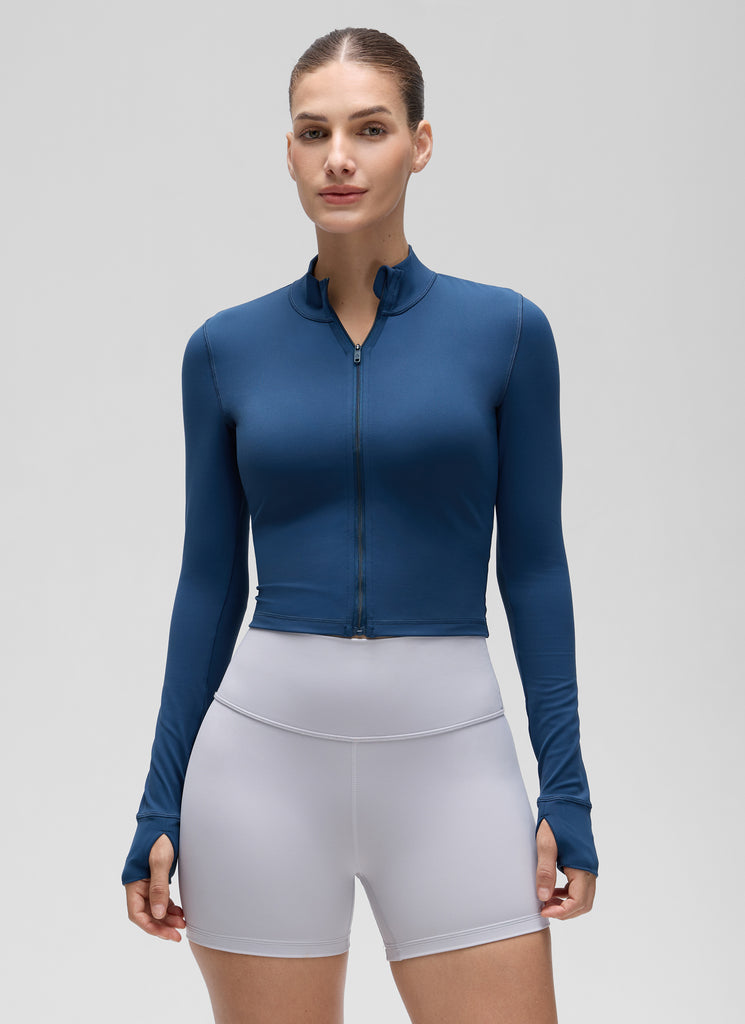 CRZ YOGA Women's Butterluxe Cropped Outerwear Full Zip Jackets French Navy