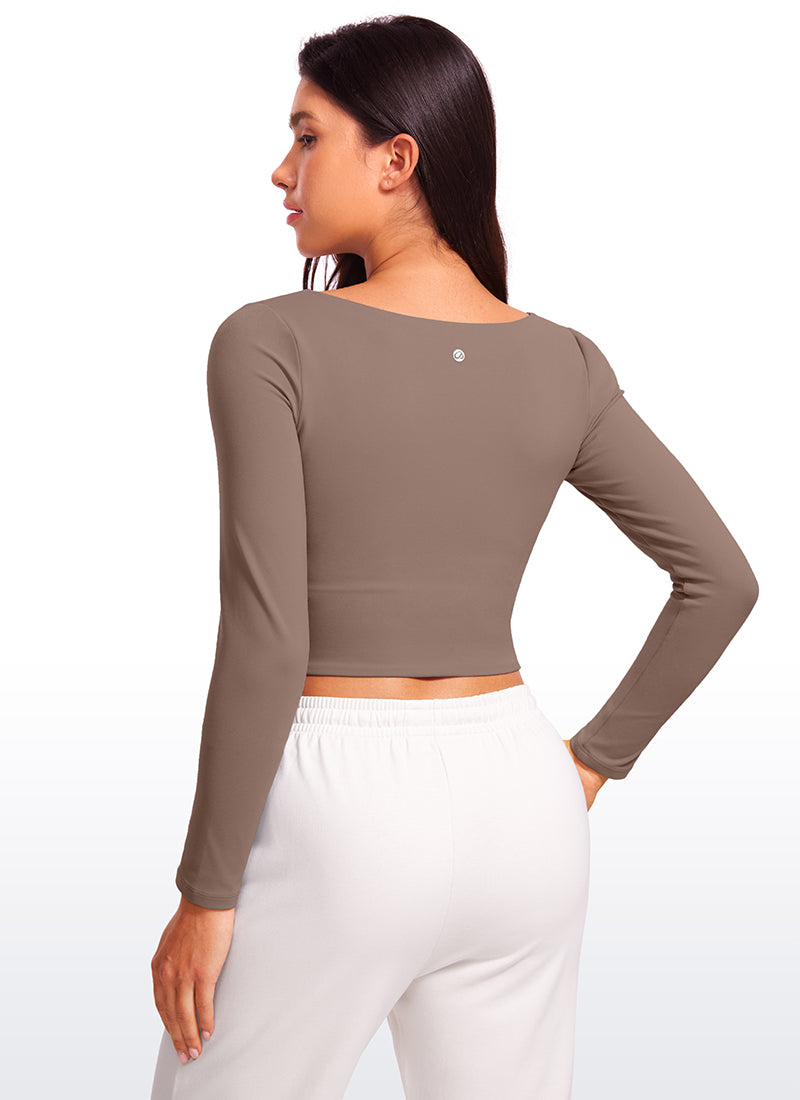 CRZ YOGA Women's Tight Fit Butterluxe Yoga Crop Long Sleeves Square Neck Brown Purple