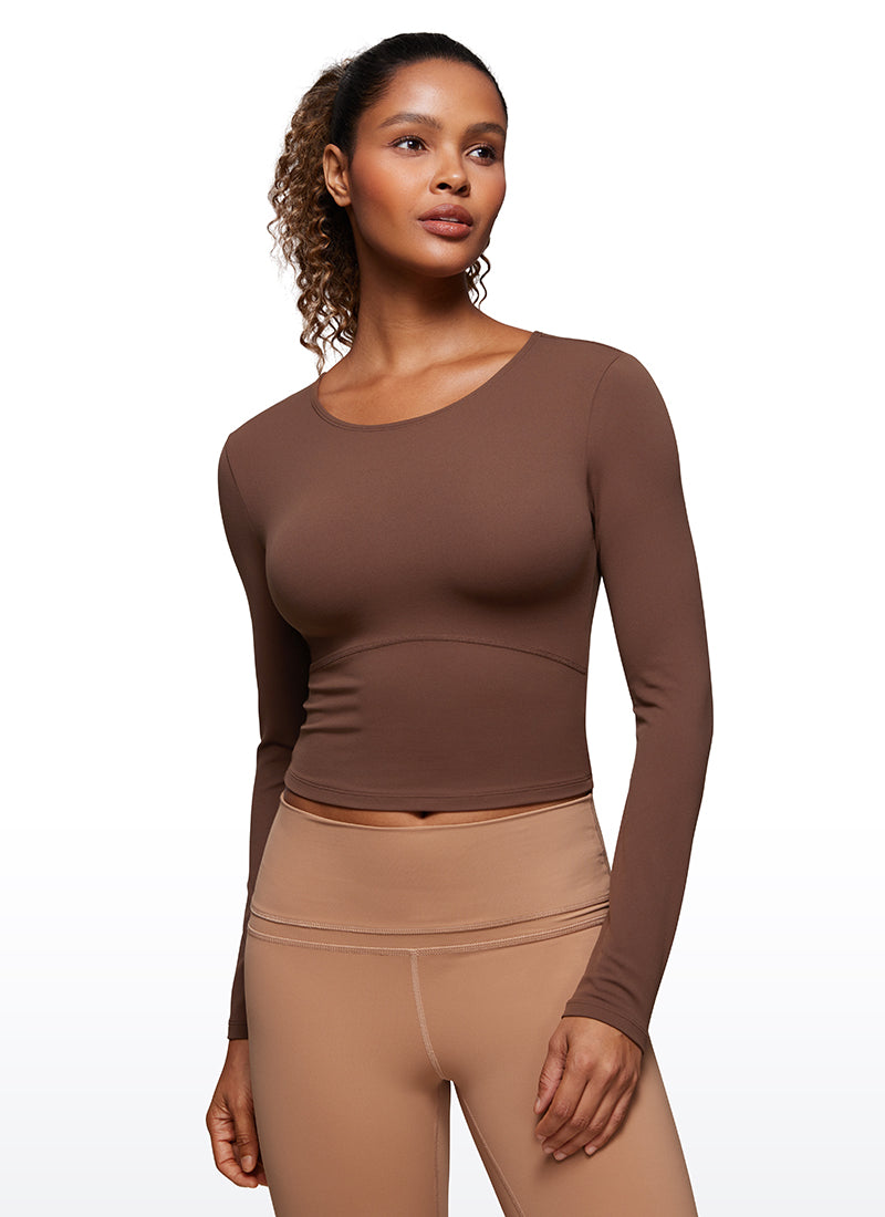 CRZ YOGA Women's Slim Fit Yoga Butterluxe Crop Long Sleeves Front Seam Coffee Brown @model_info:Irina